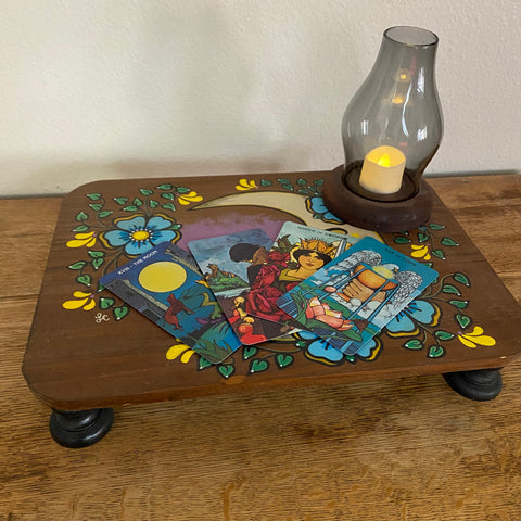 Black Cat and Moon Folk Art Wood Altar Table Stand