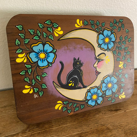 Black Cat and Moon Folk Art Wood Altar Table Stand