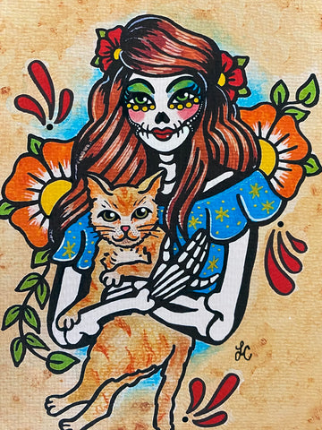 Dia De Los Muertos Woman and Ginger Cat Art Print