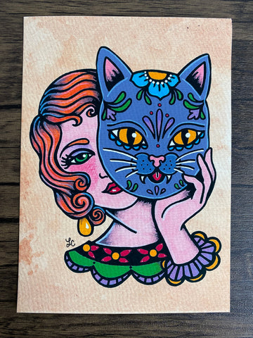 Day of the Dead Cat Mask Traditional Tattoo Art Print