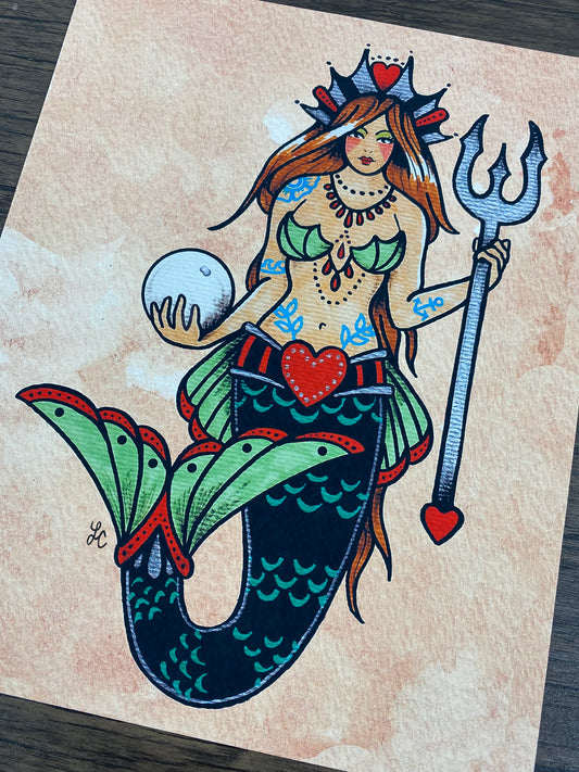 "Queen Of Hearts" Mermaid Traditional Tattoo Art Print