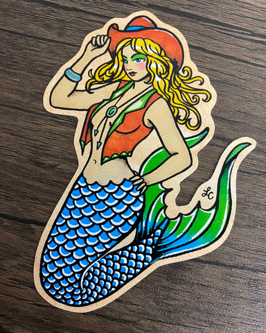 Traditional Tattoo Western Cowgirl Mermaid Pinup Vinyl Sticker Decal