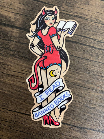 Devil Girl Pinup Traditional Tattoo "I Read Banned Books" Vinyl Sticker Decal