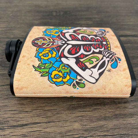 Luchador Flask Day of the Dead Wrestler 6 Oz, Black, Stainless Steel with Funnel