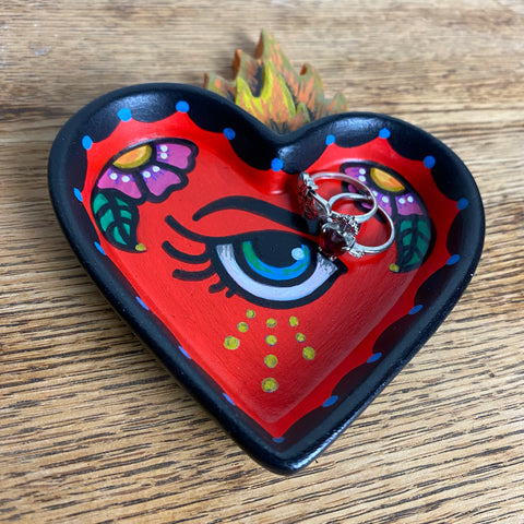 Hand Painted Sacred Heart Jewelry Dish Tray Folk Art