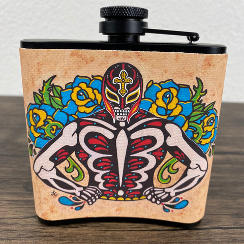 Luchador Flask Day of the Dead Wrestler 6 Oz, Black, Stainless Steel with Funnel