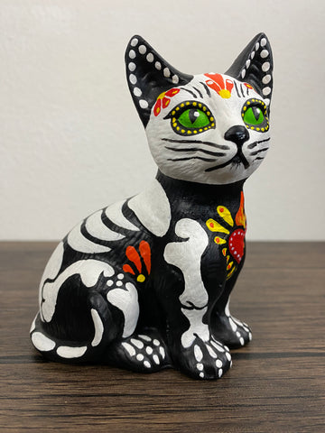 Day of the Dead Skeleton CAT Ceramic Dia de los Muertos 5” Statue Figurine with Sacred Heart
