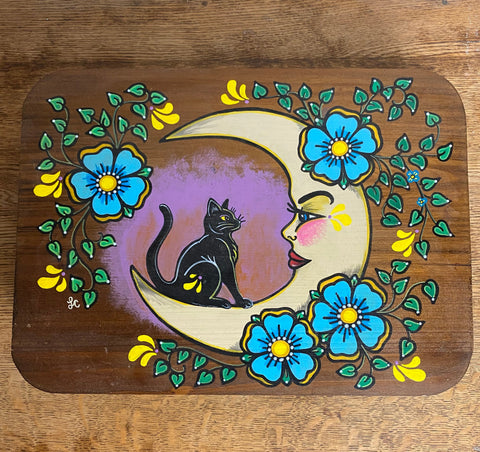 Black Cat and Moon Folk Art Wood Altar Table Stand