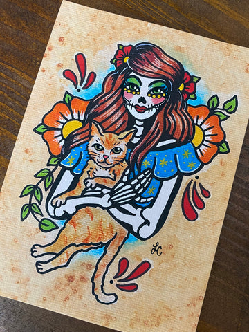 Dia De Los Muertos Woman and Ginger Cat Art Print