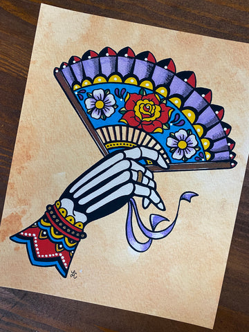 Day of the Dead La Catrina Skeleton Hand with Fan Traditional Tattoo Art Print