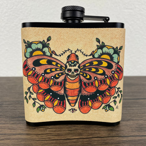 Death Moth Flask Traditional Tattoo Art 6 Oz, Black, Stainless Steel with Funnel