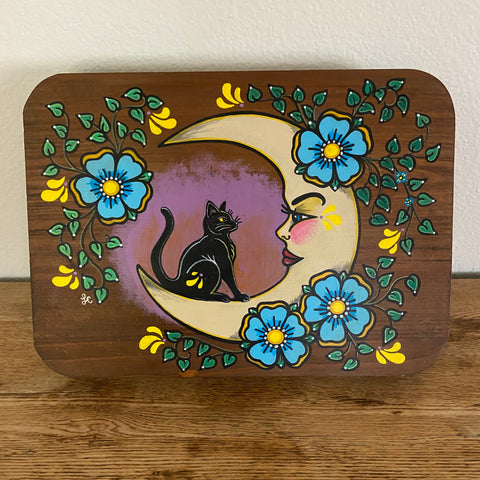 Black Cat and Moon Folk Art Wood Altar Table Stand