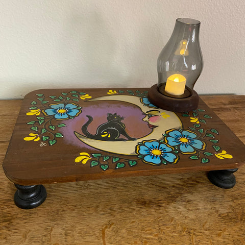 Black Cat and Moon Folk Art Wood Altar Table Stand
