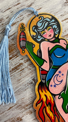 Space Pinup Girl with Rocket Pack Sci-Fi Traditional Tattoo Bookmark