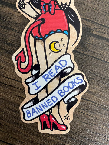 Devil Girl Pinup Traditional Tattoo "I Read Banned Books" Vinyl Sticker Decal