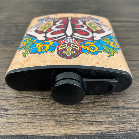 Luchador Flask Day of the Dead Wrestler 6 Oz, Black, Stainless Steel with Funnel