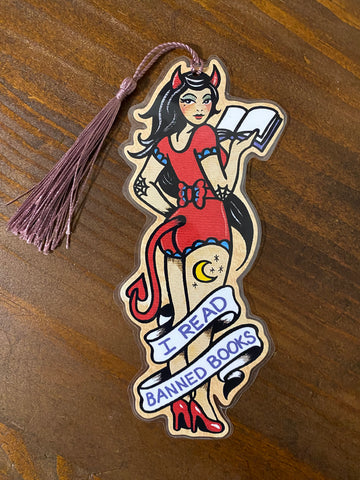 Devil Pinup Girl “I Read Banned Books” Bookmark - Choose Your Tassel Color