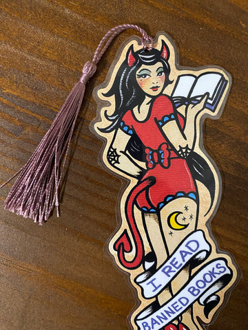Devil Pinup Girl “I Read Banned Books” Bookmark - Choose Your Tassel Color