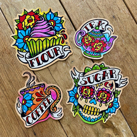 Mexican Folk Art Kitchen Canister Labels Set Day of the Dead Decals - Sugar, Tea, Coffee, & Flour Stickers for Jars & Containers