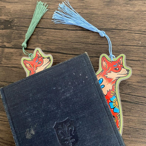 Traditional Tattoo Fox Bookmark - Choose Your Tassel Color