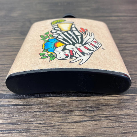 Tequila Flask Day of the Dead Skeleton Hand “Salud!” Mexican Folk Art 6 Oz, Black, Stainless Steel with Funnel