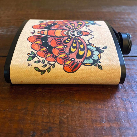 Death Moth Flask Traditional Tattoo Art 6 Oz, Black, Stainless Steel with Funnel