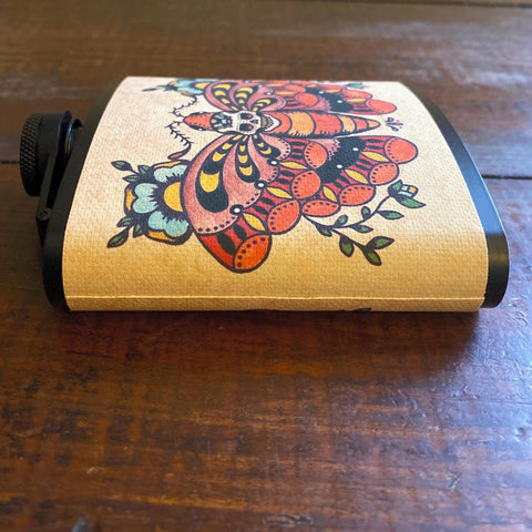 Death Moth Flask Traditional Tattoo Art 6 Oz, Black, Stainless Steel with Funnel