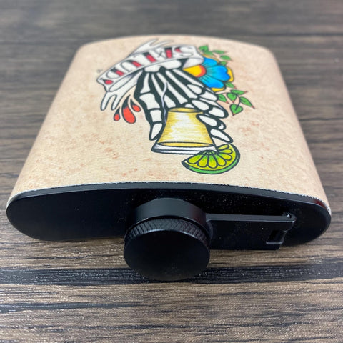 Tequila Flask Day of the Dead Skeleton Hand “Salud!” Mexican Folk Art 6 Oz, Black, Stainless Steel with Funnel