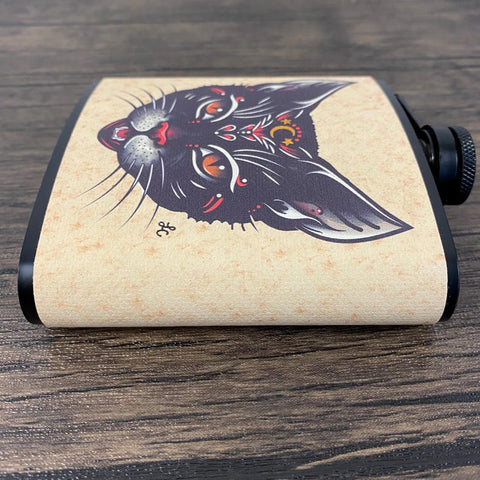 Black Cat Tattoo Flask 6 Oz, Black, Stainless Steel Flask with Funnel