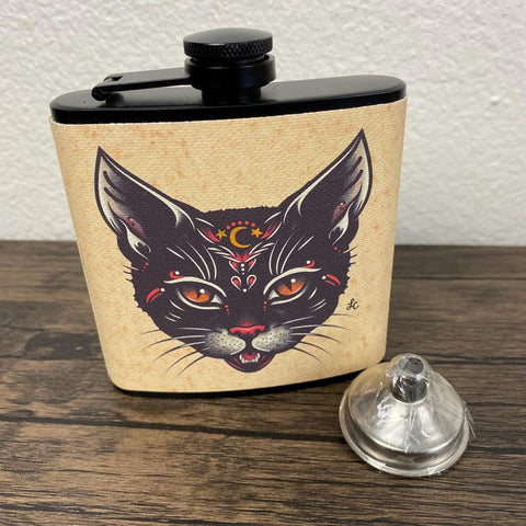 Black Cat Tattoo Flask 6 Oz, Black, Stainless Steel Flask with Funnel