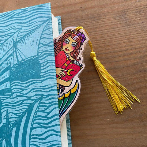 Traditional Tattoo Mermaid Reading Bookmark - Choose Your Tassel Color