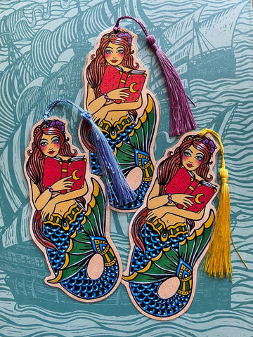 Traditional Tattoo Mermaid Reading Bookmark - Choose Your Tassel Color