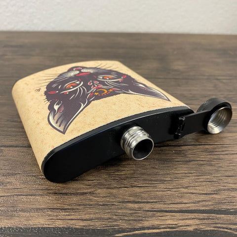 Black Cat Tattoo Flask 6 Oz, Black, Stainless Steel Flask with Funnel