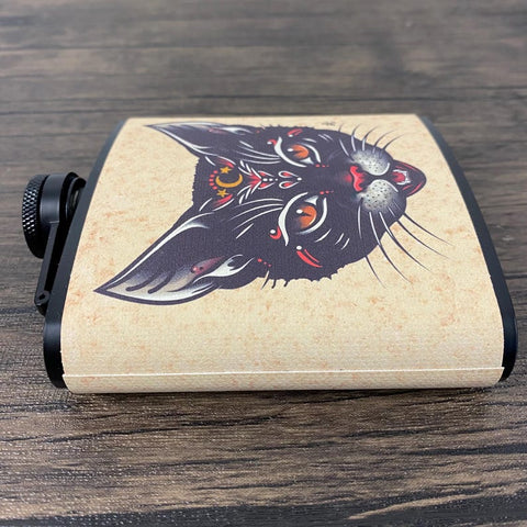 Black Cat Tattoo Flask 6 Oz, Black, Stainless Steel Flask with Funnel