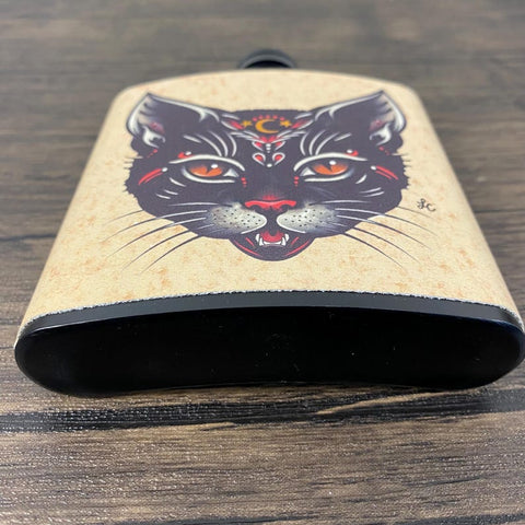 Black Cat Tattoo Flask 6 Oz, Black, Stainless Steel Flask with Funnel
