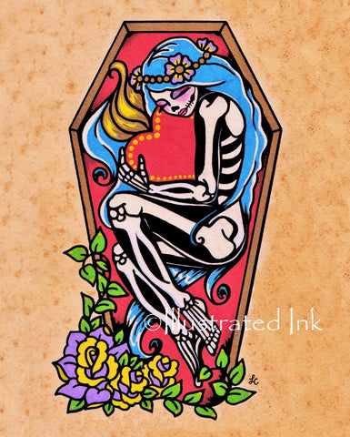 Day of the Dead Coffin Girl with Sacred Heart Art Print