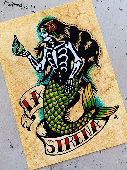 Day of the Dead Mermaid Tattoo Art "La Sirena" Loteria Print
