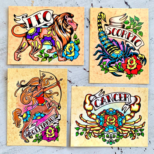 Zodiac Postcard Tattoo Art Card - Gemini, Scorpio, Taurus, Cancer, Leo, Capricorn, Pisces, Sagittarius, Virgo, Libra, Aries, Aquarius