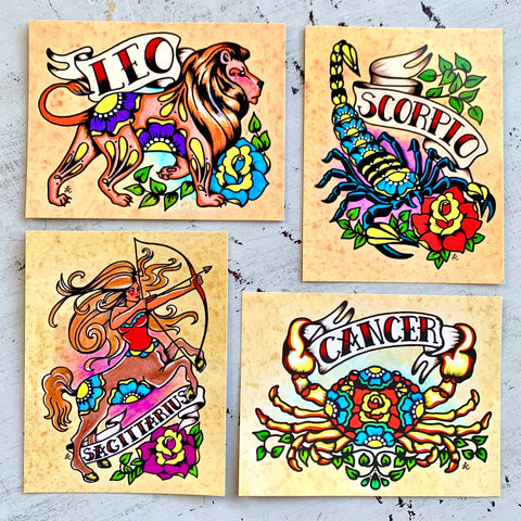 Zodiac Postcard Tattoo Art Card - Gemini, Scorpio, Taurus, Cancer, Leo, Capricorn, Pisces, Sagittarius, Virgo, Libra, Aries, Aquarius