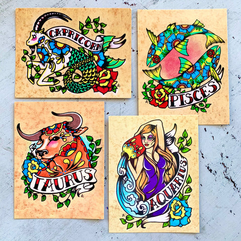 Zodiac Postcard Tattoo Art Card - Gemini, Scorpio, Taurus, Cancer, Leo, Capricorn, Pisces, Sagittarius, Virgo, Libra, Aries, Aquarius