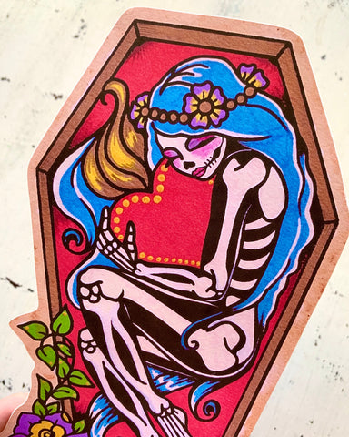Day of the Dead Coffin Girl with Sacred Heart Sticker Decal