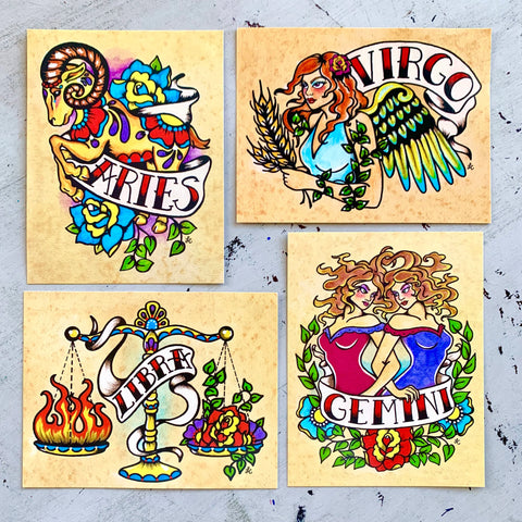 Zodiac Postcard Tattoo Art Card - Gemini, Scorpio, Taurus, Cancer, Leo, Capricorn, Pisces, Sagittarius, Virgo, Libra, Aries, Aquarius