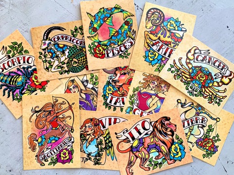 Zodiac Postcard Tattoo Art Card - Gemini, Scorpio, Taurus, Cancer, Leo, Capricorn, Pisces, Sagittarius, Virgo, Libra, Aries, Aquarius