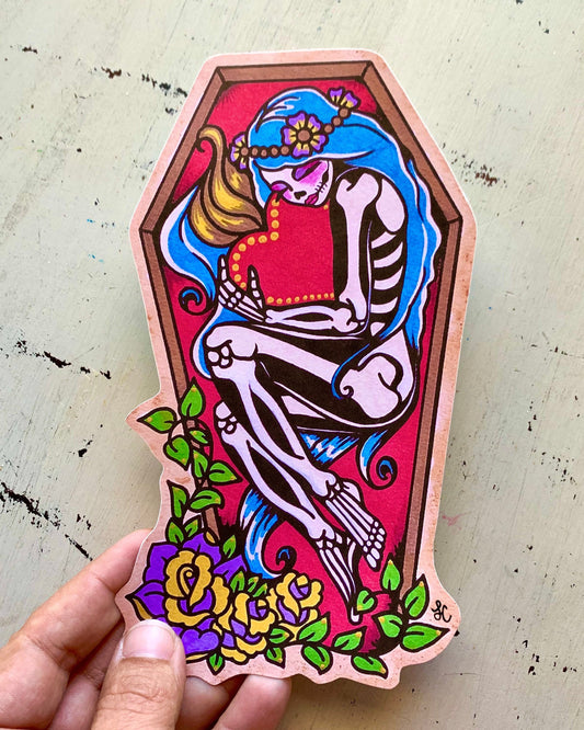 Day of the Dead Coffin Girl with Sacred Heart Sticker Decal