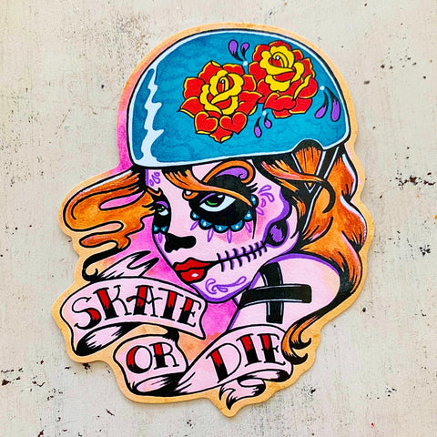 Sugar Skull Roller Derby Girl "Skate Or Die" Sticker Decal