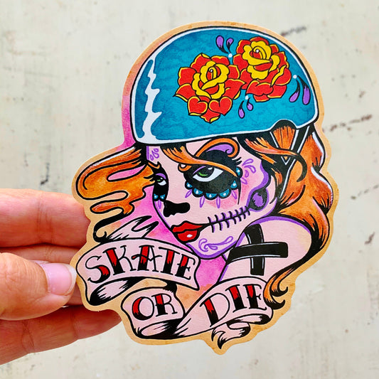 Sugar Skull Roller Derby Girl "Skate Or Die" Sticker Decal