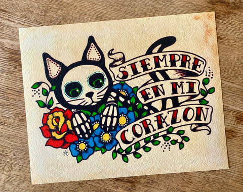 Day of the Dead Cat "Siempre en mi Corazon" Art Print