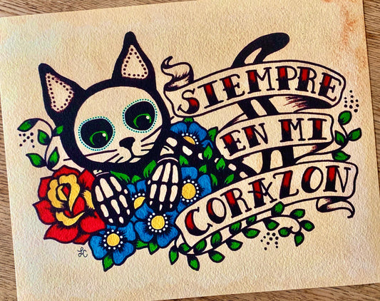 Day of the Dead Cat "Siempre en mi Corazon" Art Print