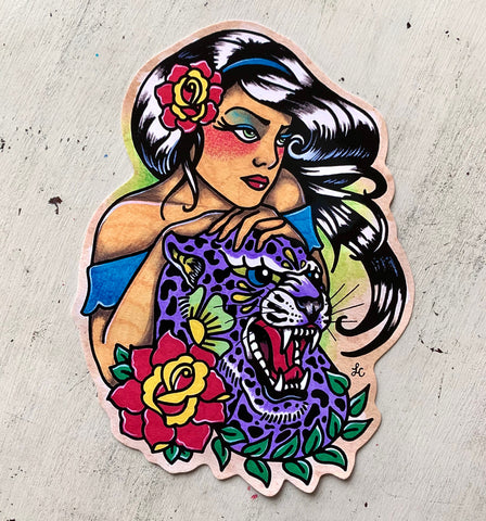 Traditional Tattoo Purple Jaguar and Woman Sticker Decal