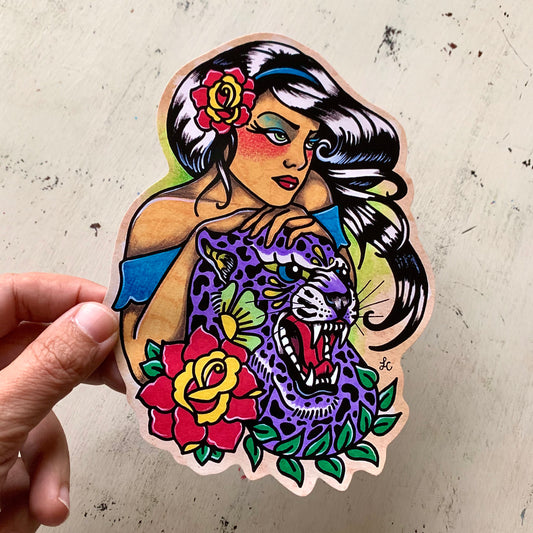 Traditional Tattoo Purple Jaguar and Woman Sticker Decal
